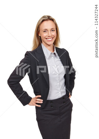 Business, woman and portrait in studio with confidence for success, career and mission. Corporate female, happy and smile with mindset , goals and motivation for company on isolated white background 114327244