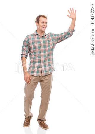 Welcome, wave and man greeting in studio, white background or mockup space with happiness. Hand, gesture and friendly person with social communication and networking in business with hello or goodbye 114327280