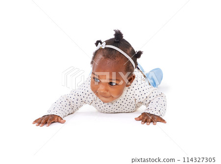Black baby, curious or crawl to explore, play or learn of mobility, motor skill or child development. Girl, toddler or crawling on tummy time, growth or progress on mockup on white background 114327305