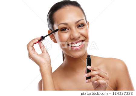 Face, mascara for lashes and happy woman with beauty, brush for makeup and tools for volume on white background. Cosmetology, cosmetics product and wand for eyelash, makeover and change in studio Face, mascara for lashes and happy woman with beauty, brush for makeup and tools for volume on white background. Cosmetology, cosmetics product and wand for eyelash, makeover and change in studio 114327328