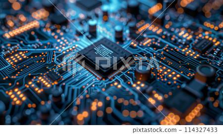 A close up of a computer chip with a blue background. The chip is lit up with orange lights 114327433