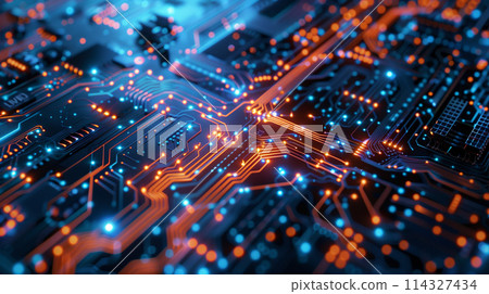 A computer chip with orange and blue lights 114327434