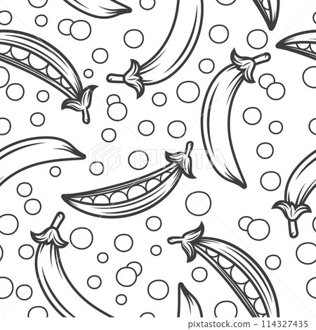 Vector Seamless Black and White Pattern with Flat Green Pea Pod. Cartoon Green Peas Design Template for Textile, Wallpaper, Culinary Packaging 114327435