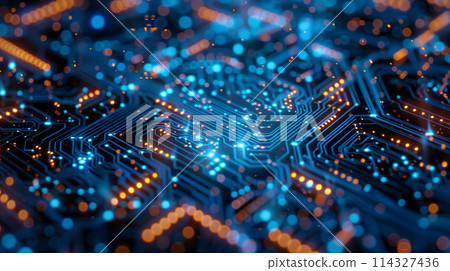 A computer chip with blue and orange lights 114327436