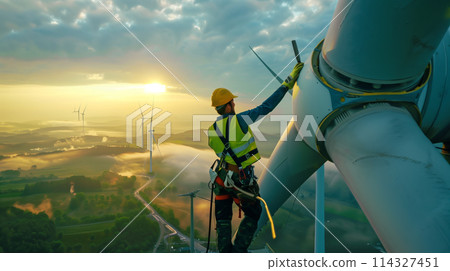A man is working on a wind turbine in a field. The sky is cloudy and the sun is setting 114327451