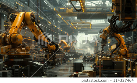 A factory with robots in the background. The robots are yellow and are working. Scene is industrial and futuristic 114327464