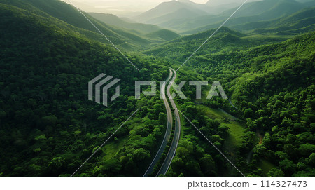A winding road in the middle of a lush green forest. The road is surrounded by trees and mountains in the background. The scene is peaceful and serene, with the road leading to a beautiful destination 114327473