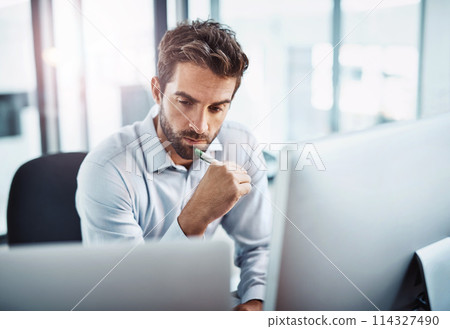 Thinking, computer or businessman trading in office for stock market, solution or cryptocurrency website. Laptop, idea or financial trader reading news to check economy or investment growth online 114327490