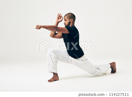 Man, studio and martial arts for attack position, action and karate exercise on white background. Black male person, mockup space and training for combat, fight and fitness for punch or workout Man, studio and martial arts for attack position, action and karate exercise on white background. Black male person, mockup space and training for combat, fight and fitness for punch or workout 114327511