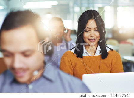 Professional, consultant and woman coworking in call center and networking in customer care service. Happy, employees and crm office worker helping with technical support, chat and team in startup Professional, consultant and woman coworking in call center and networking in customer care service. Happy, employees and crm office worker helping with technical support, chat and team in startup 114327541