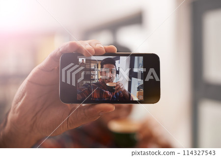 Smartphone, screen and selfie with man, hand and photography for social media, live streaming and memory. Closeup, influencer with content creation and communication, mobile app and smile in picture 114327543