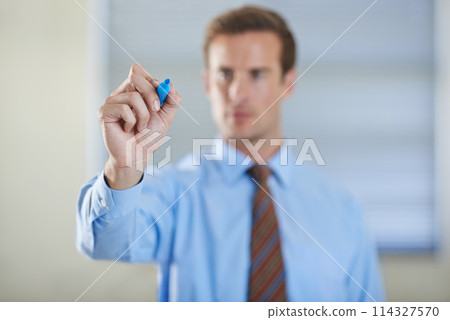 Employee, writing and glass with marker for business, professional and working in corporate. Man, serious and planning with brainstorming for presentation in company for startup, workplace and job Employee, writing and glass with marker for business, professional and working in corporate. Man, serious and planning with brainstorming for presentation in company for startup, workplace and job 114327570
