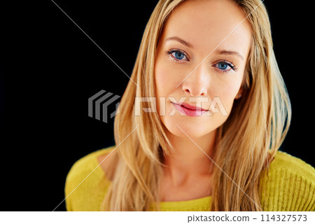 Skincare, results or portrait of woman in studio isolated on black background for mockup space. Smooth, facial cosmetics or face of confident model, lady or natural female person with shine and glow 114327573