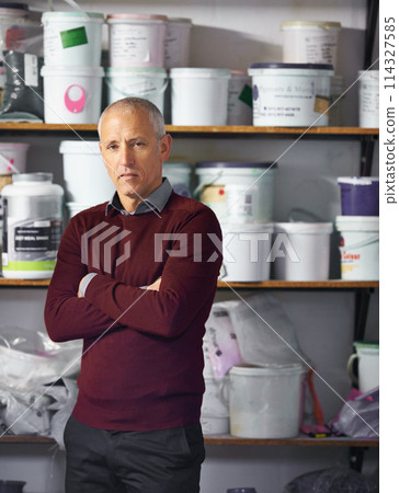 Portrait, man and store owner with arms crossed in business or retail for plastic in startup. Mature, confidence and professional in shop, entrepreneur or manager with serious person in Switzerland Portrait, man and store owner with arms crossed in business or retail for plastic in startup. Mature, confidence and professional in shop, entrepreneur or manager with serious person in Switzerland 114327585