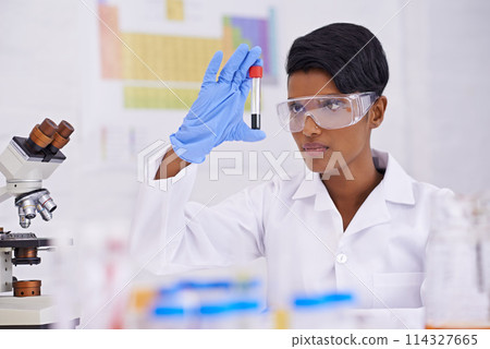Blood, dna and scientist with test tube in laboratory for scientific research or experiment. Medical, science and professional woman researcher with pharmaceutical dna in glass vial for medical study Blood, dna and scientist with test tube in laboratory for scientific research or experiment. Medical, science and professional woman researcher with pharmaceutical dna in glass vial for medical study 114327665