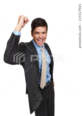 Businessman, portrait and excited with suit, isolated and celebration in studio or background. Male person, cheerful and smiling in backdrop for recruitment, hiring and job opportunity or success 114327681