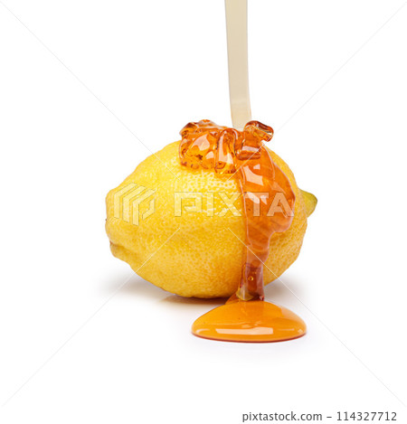 Organic, lemon and honey remedy in studio for wellness as natural, medicine and treatment for flu. Healthy, cure and immune boost drink for healing virus, disease and influenza on white background Organic, lemon and honey remedy in studio for wellness as natural, medicine and treatment for flu. Healthy, cure and immune boost drink for healing virus, disease and influenza on white background 114327712