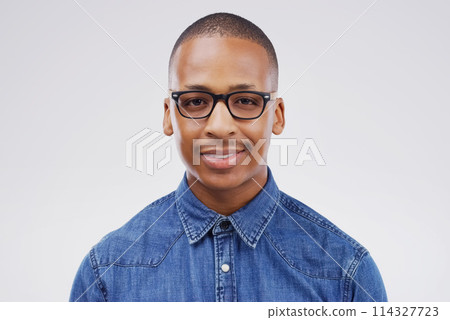 Smile, portrait and black man in creative career for media company, magazine publication and newspaper isolated on white background. Mockup, face and young graduate for internship in writing job 114327723