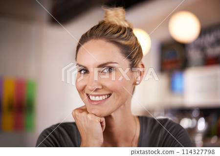 Happy, portrait and woman relax in coffee shop or restaurant as customer in hospitality on holiday or vacation. Girl, smile and enjoy cafe or small business on weekend, break or morning in cafeteria Happy, portrait and woman relax in coffee shop or restaurant as customer in hospitality on holiday or vacation. Girl, smile and enjoy cafe or small business on weekend, break or morning in cafeteria 114327798