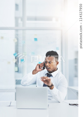 Business, phone call and black man with laptop, connection and conversation with planning, schedule and employee. African person, agent and consultant with smartphone, investment and pc with broker 114327950
