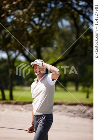 Man, outdoor and looking for ball in golf game on course to see action in sport or competition. Athlete, search or find target for practice on turf of club and thinking about challenge on field Man, outdoor and looking for ball in golf game on course to see action in sport or competition. Athlete, search or find target for practice on turf of club and thinking about challenge on field 114327981