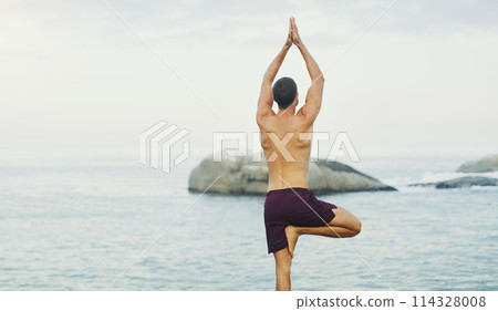 Man, yoga and tree pose or sea balance with wellness peace for vrksasana, rear view or mindfulness. Male person, beach and zen exercise at ocean or holistic resort for spirituality, healing or calm 114328008