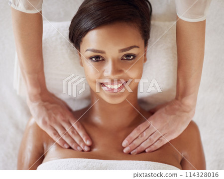 Woman, spa and neck massage for portrait, masseuse hands and pressure for muscle tension. Resting, stress relief and calm for cosmetic and wellness, physical therapy and body or luxury treatment Woman, spa and neck massage for portrait, masseuse hands and pressure for muscle tension. Resting, stress relief and calm for cosmetic and wellness, physical therapy and body or luxury treatment 114328016