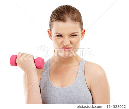 Dumbbell, girl and fitness in studio, portrait and gym for wellness, bicep and exercise for health. White background, athlete and person with resilience, training and workout for sports and strong 114328022