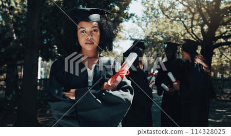 Campus, graduation and black woman in portrait with certificate, cap and gown with class outdoor. College graduate, student and diploma as achievement, success or celebration ceremony in university Campus, graduation and black woman in portrait with certificate, cap and gown with class outdoor. College graduate, student and diploma as achievement, success or celebration ceremony in university 114328025