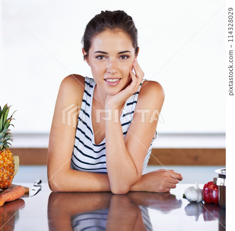 Woman, cooking and portrait in kitchen for nutrition, diet and meal with healthy ingredients. Vegetables, smile and face of female person preparing for vegan, vegetarian and organic recipe in home Woman, cooking and portrait in kitchen for nutrition, diet and meal with healthy ingredients. Vegetables, smile and face of female person preparing for vegan, vegetarian and organic recipe in home 114328029