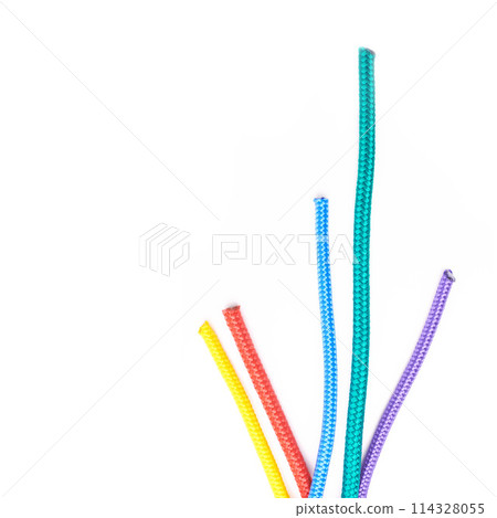 Color, rope and textile string on background, mock up or space with nylon cable with creativity. String, ties and cord to thread in pattern or start connection in craft, project or material for art 114328055
