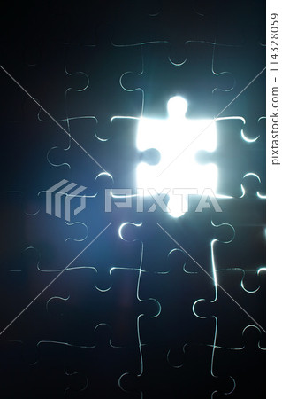 Abstract, puzzle and piece missing in problem solving and solution to challenge with strategy or planning. Jigsaw, games or shape of idea to glow in light of dark or search for innovation in business 114328059