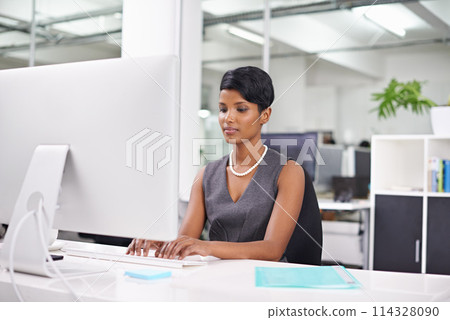 Computer, documents and business woman in office for budget, planning or finance funding research. Pc, search or lady project manager online with report, portfolio or admin for corporate compliance 114328090