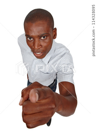 Portrait, angry or black man by warning, hey you or accountability to stop, protest or caution. African guy, pointing or not allowed to order, discipline or mad at mistake, fail or negative opinion 114328095