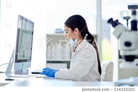 Science, research and woman with computer typing medical study, online report or exam results. Website, writing and review for scientist, lab technician or notes for pharmaceutical test in laboratory Science, research and woman with computer typing medical study, online report or exam results. Website, writing and review for scientist, lab technician or notes for pharmaceutical test in laboratory 114328102