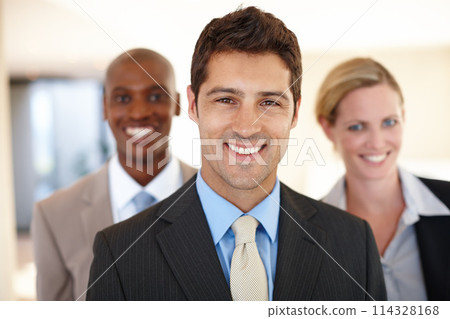 Smiling, coworkers and lawyers in corporate portrait, businessman and team in office. Attorneys, confident partnership in law firm for legal advice, happy and smile with people for company meeting Smiling, coworkers and lawyers in corporate portrait, businessman and team in office. Attorneys, confident partnership in law firm for legal advice, happy and smile with people for company meeting 114328168