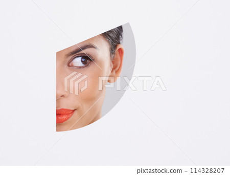 Woman, thinking and makeup in a cutout and studio for cosmetics, skincare and dermatology. Young model with beauty, foundation and art deco with ideas, closeup and mockup space on a white background 114328207