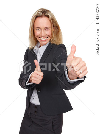 Businesswoman, portrait and thumbs up for win in studio, yes and motivation for victory on white background. Female person, okay and like emoji for agreement or success, promo and great or thank you 114328220