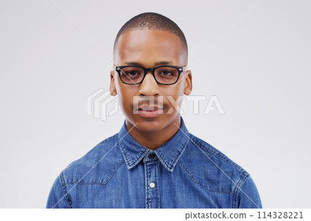 Serious, portrait and black man in creative career for media company, magazine publication and newspaper isolated on white background. Mockup, face and young graduate for internship in writing job 114328221