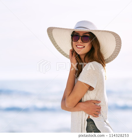 Sunglasses, happy and portrait of woman at beach for summer holiday, tourism and adventure in Miami. Outdoor, smile and relax by ocean with hat for travel, weekend trip and confidence on vacation Sunglasses, happy and portrait of woman at beach for summer holiday, tourism and adventure in Miami. Outdoor, smile and relax by ocean with hat for travel, weekend trip and confidence on vacation 114328253