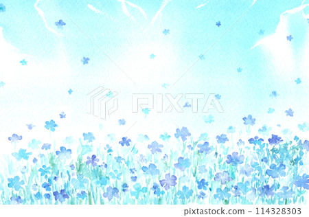夢幻般的藍色花田水彩插圖 夢幻般的藍色花田水彩插圖 114328303