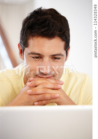 Man, laptop and online reading for business review as financial advisor for startup career, deal or connection. Male person, smile and good news email in office for entrepreneur, internet or research 114328349