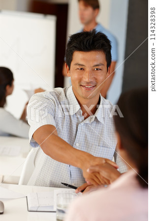 Business people, handshake or Asian man in job interview, hiring opportunity or employment in office. Person, smile or manager shaking hands with new employee or collaboration on deal or partnership 114328398