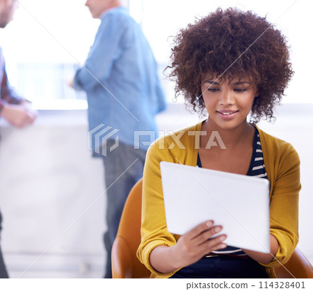 Woman, casual and happy with tablet to search internet for online website or browsing social media, diversity and innovation. Female person, technology and networking for digital planning or design. 114328401