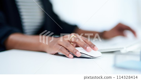Hand, mouse and business woman in office with finance research for corporate tax return planning. Technology, accounting career and female financial consultant working on computer in workplace. Hand, mouse and business woman in office with finance research for corporate tax return planning. Technology, accounting career and female financial consultant working on computer in workplace. 114328414