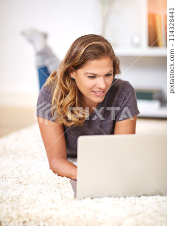 Relax, streaming or woman on laptop in house to chill with internet connection for film, video or movie online. Carpet, break and girl on social media, blog and technology for subscription in home 114328441