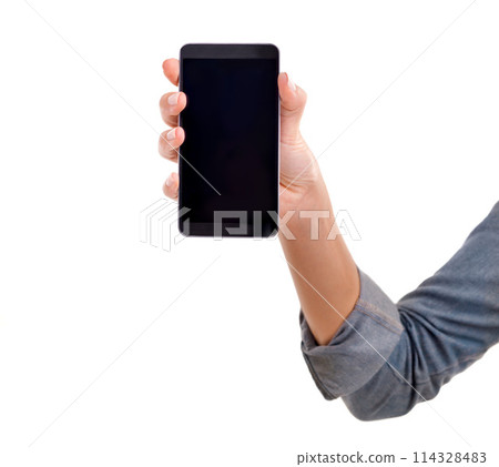 Hand, phone screen and empty in studio, blank and mockup space or social media on white background. Person, tech and website or networking for marketing, app and internet or online for advertising 114328483