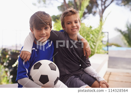 Children, portrait and friends with soccer ball for sport practice or training competition, exercise or fitness. Male people, face and football game for cardio playing in America, workout or athlete 114328564