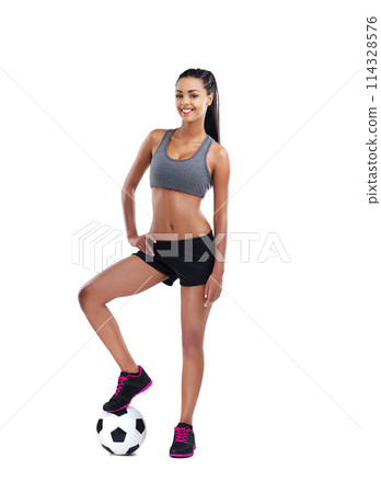 Happy woman, portrait and soccer player with ball in studio for match, game or kick off on white background. Sports, football and female person for training, workout or fitness on mockup space Happy woman, portrait and soccer player with ball in studio for match, game or kick off on white background. Sports, football and female person for training, workout or fitness on mockup space 114328576