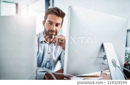Thinking, developer and man on computer for software, news research and web design programming. Startup, designer and programmer coding in office for cybersecurity digital network and problem solving 114328594